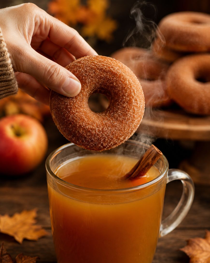 A hand dips a sugar-coated donut into a glass mug of steaming apple cider with a cinnamon stick, surrounded by apples, stacked donuts, and autumn leaves.