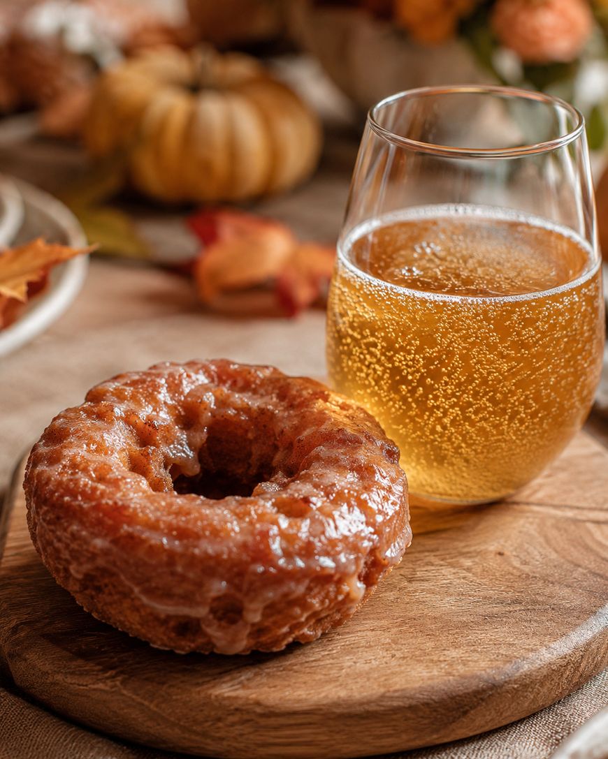 A glazed donut sits on a wooden board next to a glass of sparkling cider, with autumn decorations like pumpkins and leaves blurred in the background.