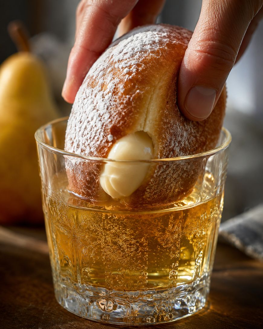A hand dips a powdered sugar-covered cream-filled donut into a glass of sparkling golden liquid, with a pear blurred in the background.