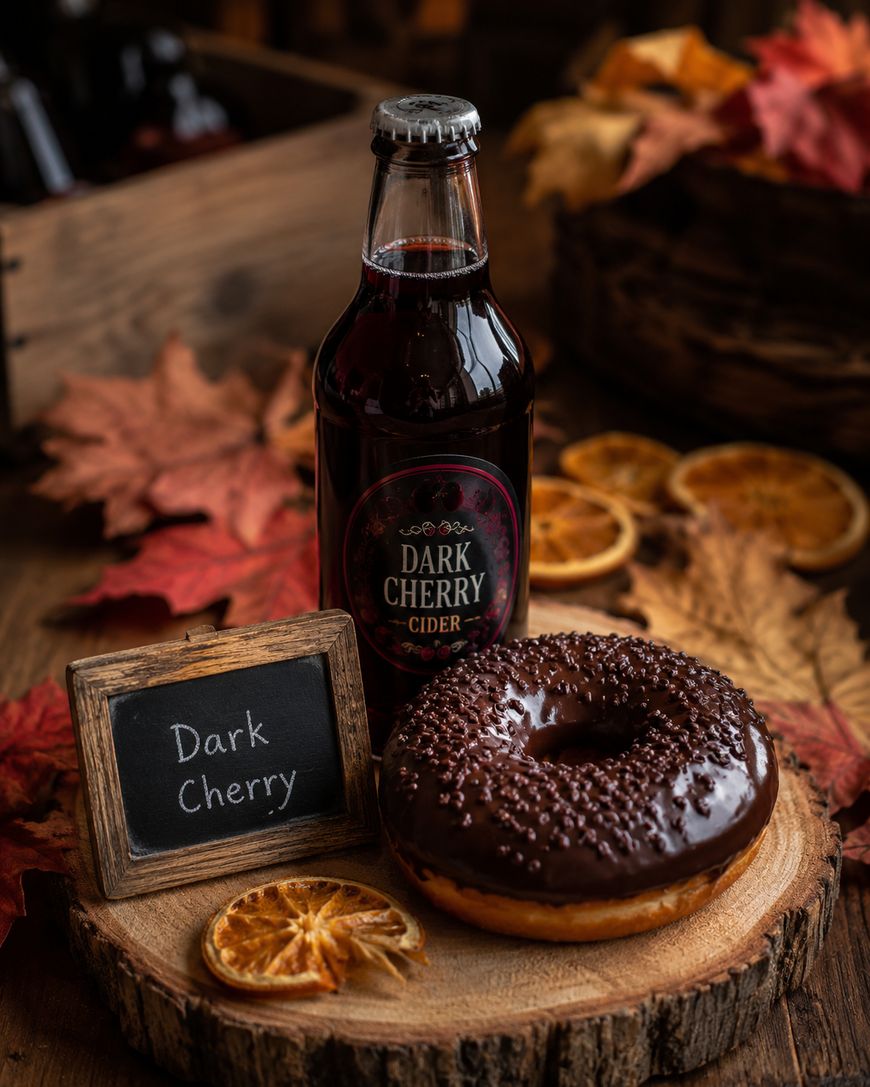 A bottle of dark cherry cider, a chocolate-glazed donut, and dried orange slices are arranged on a wooden surface with autumn leaves and a small chalkboard sign reading Dark Cherry.