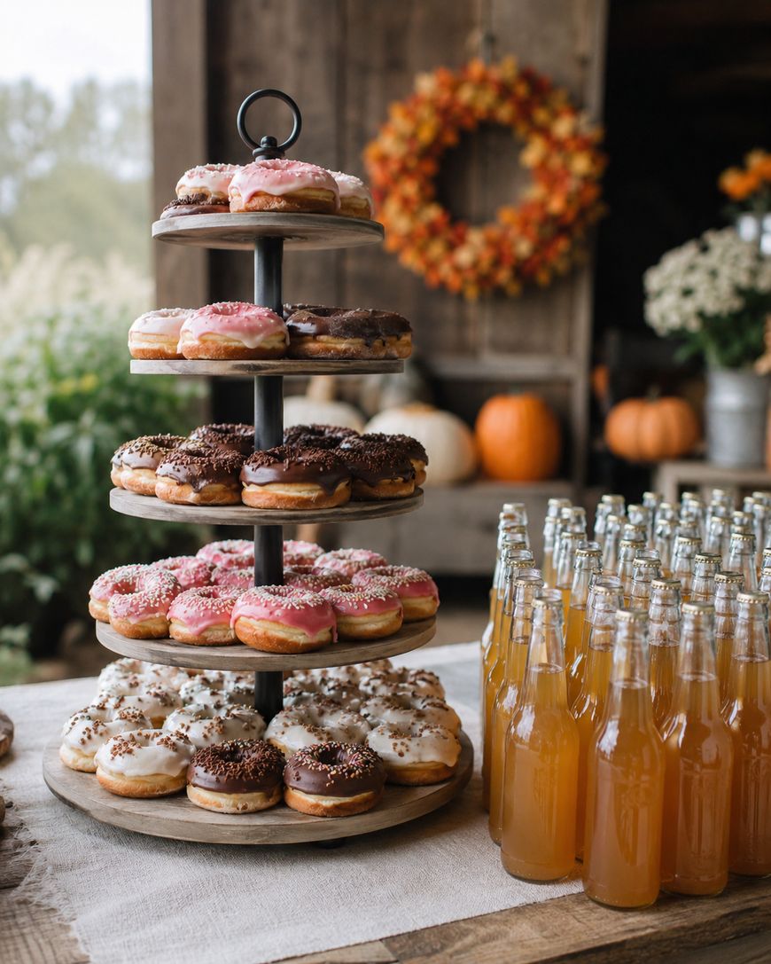 A three-tiered tray holds assorted donuts with pink, white, and chocolate icing and sprinkles. Next to it, clear glass bottles of orange soda stand on a table. Fall decorations and pumpkins are in the background.