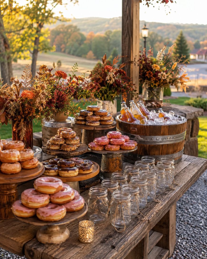 A rustic outdoor dessert table displays stacks of assorted donuts, jars for drinks, ice-filled tubs of bottled drinks, and autumn flower arrangements, set against a scenic countryside backdrop at sunset.