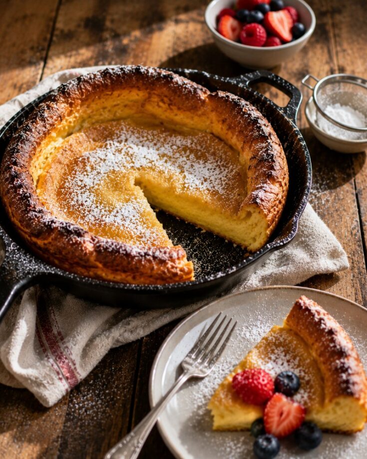 A Dutch baby pancake in a skillet with a slice cut out, dusted with powdered sugar. This dutch baby pancake recipe is topped with fresh strawberries and blueberries, served alongside a bowl of berries and sifter of sugar on a rustic wooden table.