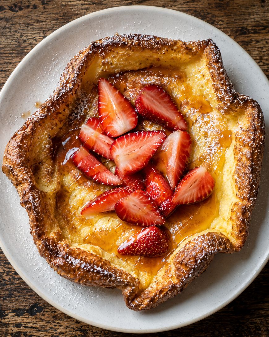 A golden-brown Dutch baby pancake topped with fresh sliced strawberries, powdered sugar, and syrup, served on a white plate atop a wooden table.