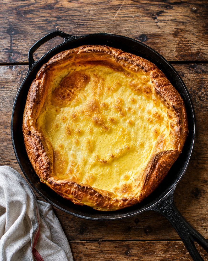 A golden-brown Dutch baby pancake in a black cast-iron skillet sits on a rustic wooden table, with a folded striped cloth nearby.
