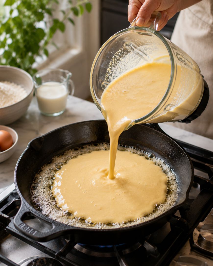 A person pours a thick yellow batter from a glass mixing bowl into a hot, buttered cast iron skillet on a stove, with ingredients like milk, eggs, and flour visible in the background.