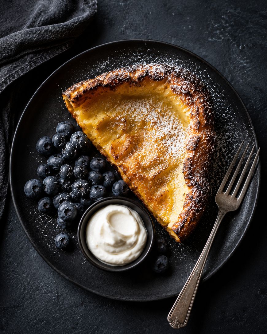 A slice of Dutch baby pancake dusted with powdered sugar is served on a black plate with fresh blueberries, a small dish of whipped cream, and a fork on a dark textured surface.