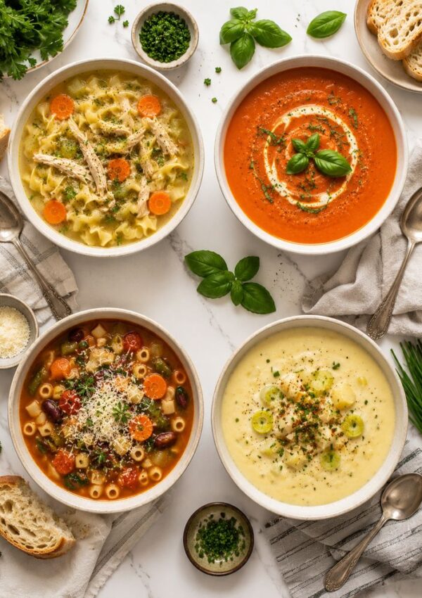 Four bowls of soup—chicken noodle, tomato, minestrone, and potato leek—are arranged with fresh herbs, bread, cheese, and spoons, showcasing easy soup recipes perfect for creating a cozy and inviting weeknight meal setting.