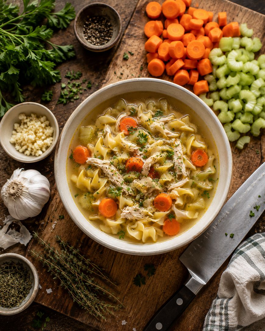 A bowl of chicken noodle soup with carrots and herbs sits on a wooden board, surrounded by chopped carrots, celery, minced garlic, fresh parsley, a garlic bulb, spices, and a large kitchen knife.
