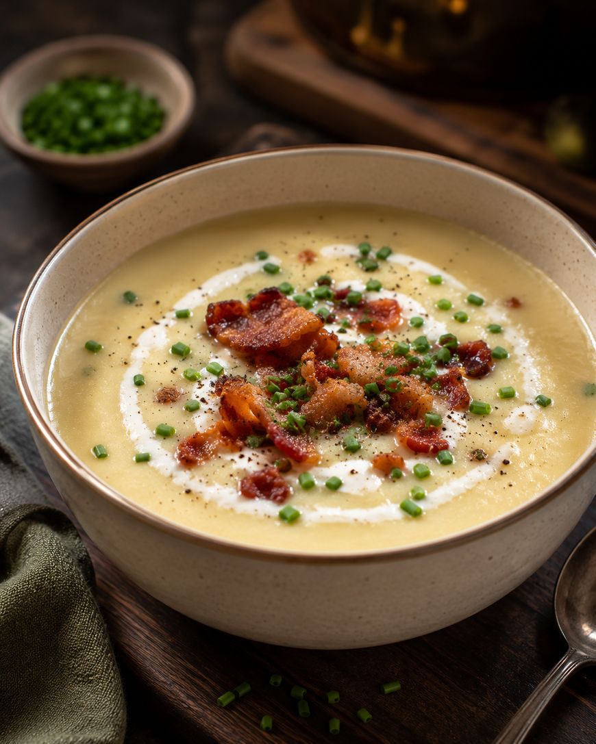 A bowl of creamy potato soup topped with crispy bacon bits, chopped chives, and a swirl of cream, set on a wooden surface with a small bowl of chives in the background.