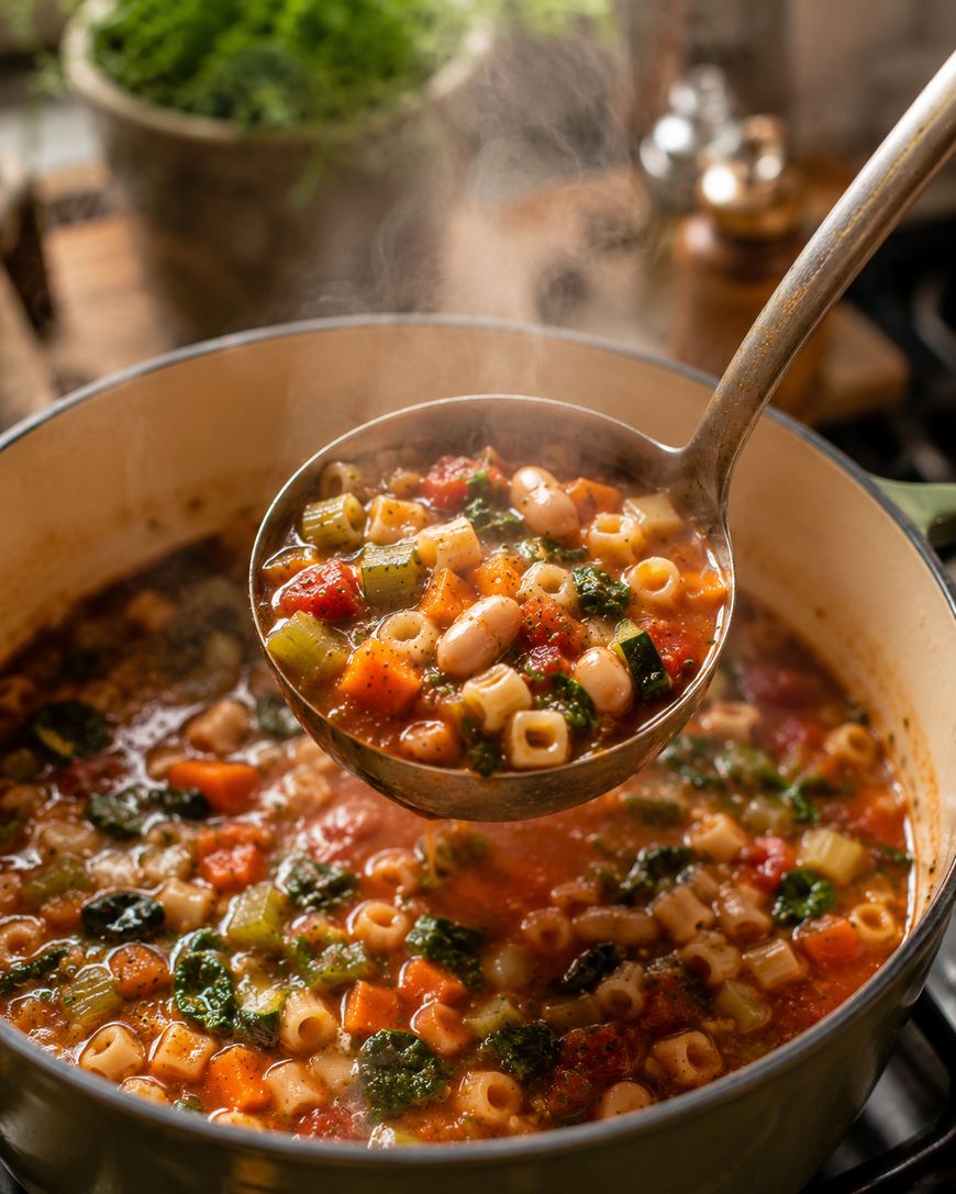 A steaming ladle lifts a serving of vegetable soup with ditalini pasta, beans, tomatoes, carrots, celery, and spinach from a pot on the stove.