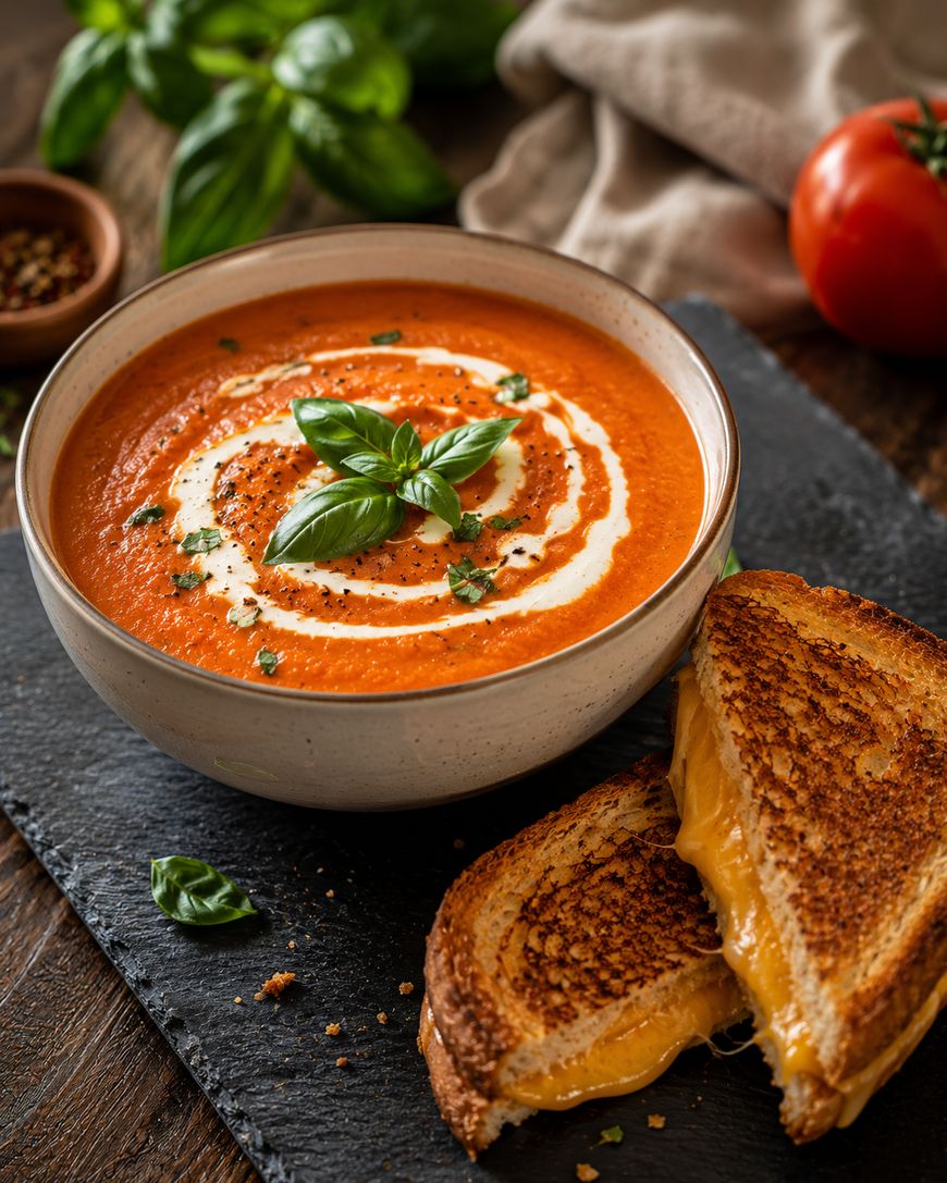 A bowl of creamy tomato soup garnished with basil and cream swirl sits on a slate board next to a golden, crispy grilled cheese sandwich. Fresh basil leaves and a tomato are in the background.