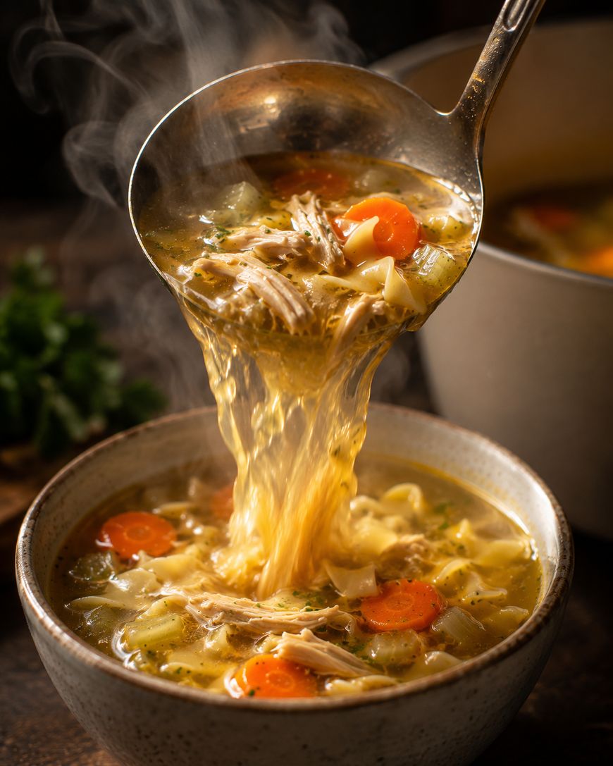 A steaming ladle of chicken noodle soup with shredded chicken, carrots, and noodles is poured into a bowl, with a pot and fresh herbs visible in the background.