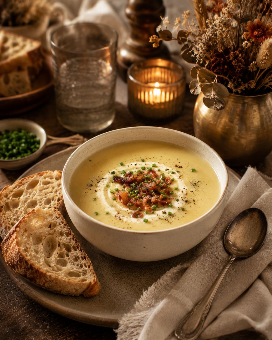A bowl of creamy soup topped with herbs and pepper, served with two slices of rustic bread on a plate, next to a spoon, glass, candle, and a vase of dried flowers on a cozy table setting.