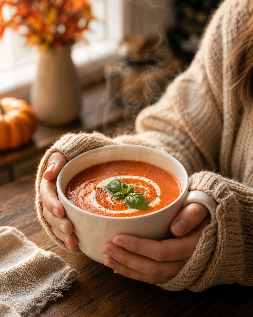 A person wearing a cozy sweater holds a steaming bowl of creamy tomato soup garnished with basil leaves. The scene is warm and autumnal, with a small pumpkin and vase of flowers in the blurred background.