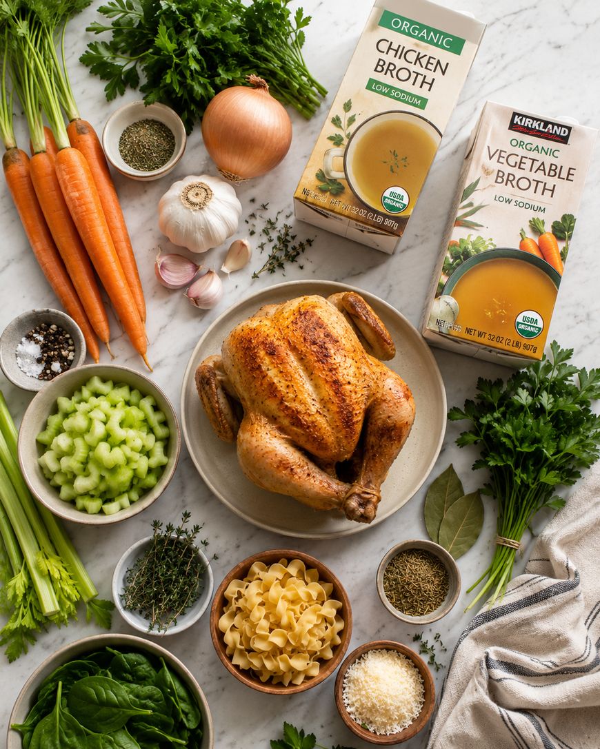 A roasted chicken on a plate surrounded by raw ingredients: carrots, celery, spinach, an onion, garlic, herbs, wide egg noodles, grated cheese, salt, pepper, and cartons of chicken and vegetable broth on a marble surface.