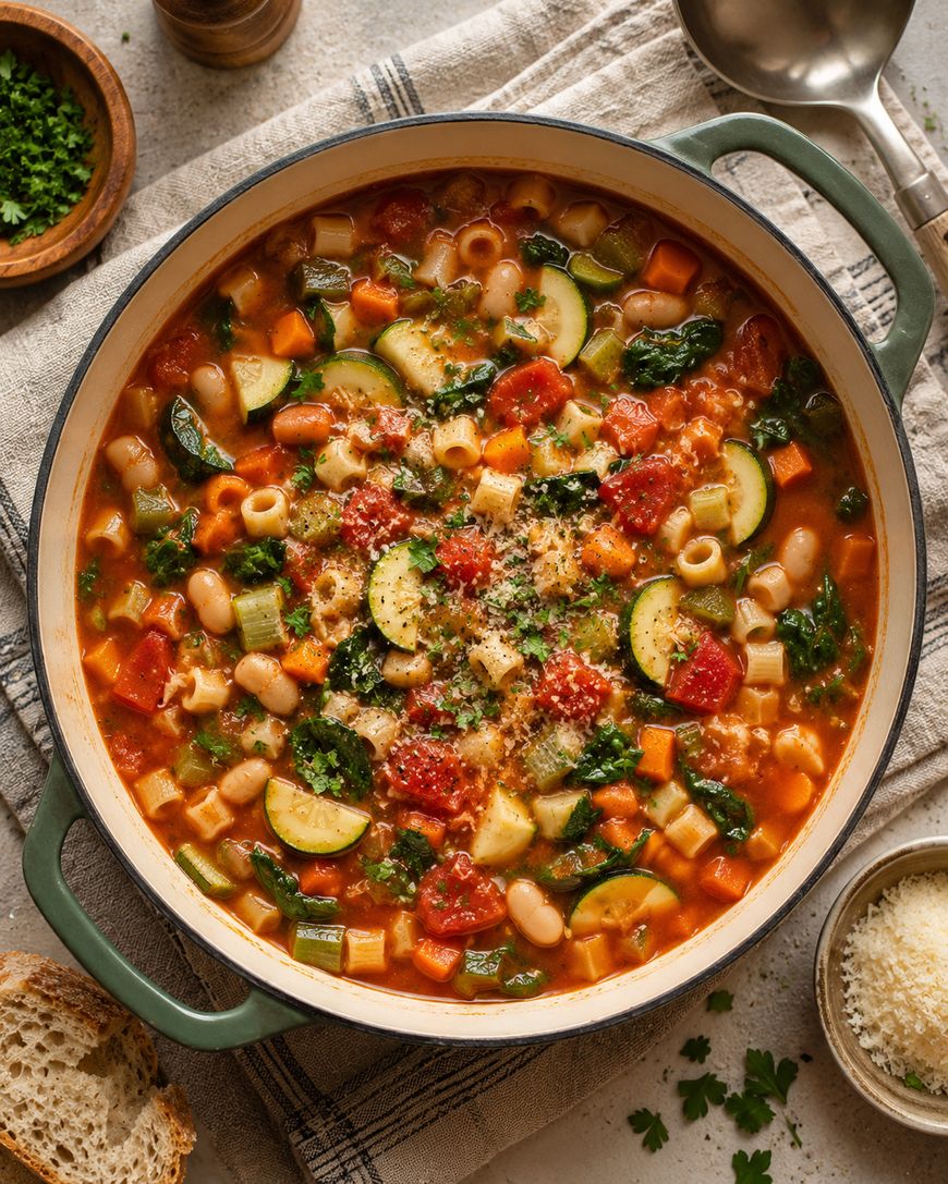 A pot of hearty vegetable soup with zucchini, tomatoes, beans, pasta, greens, and carrots, garnished with herbs and grated cheese, surrounded by bread and bowls of chopped parsley and grated cheese.