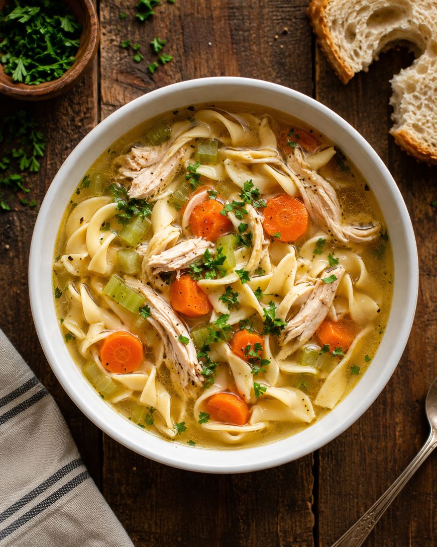 A bowl of chicken noodle soup with egg noodles, shredded chicken, carrot slices, celery, and herbs, placed on a rustic wooden table with parsley, bread, and a striped napkin nearby.