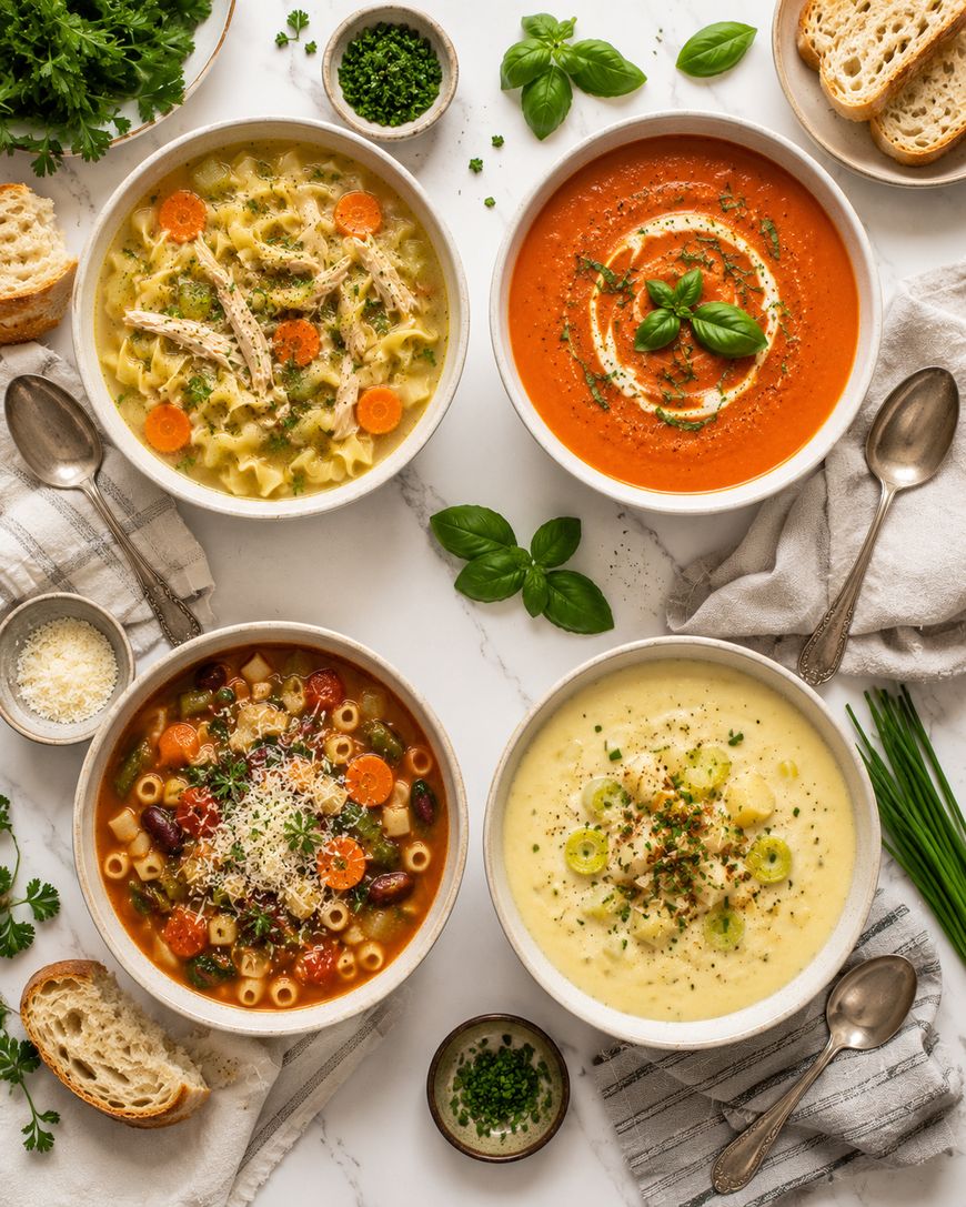 Four bowls of soup—chicken noodle, tomato basil, minestrone, and potato leek—are arranged on a table with bread slices, grated cheese, herbs, and spoons. The setting is bright and inviting.