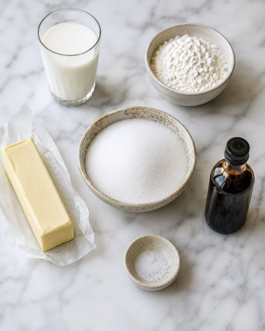 A stick of butter, a bowl of sugar, a bowl of flour, a glass of milk, a small dish of salt, and a bottle of vanilla extract are arranged on a marble surface.