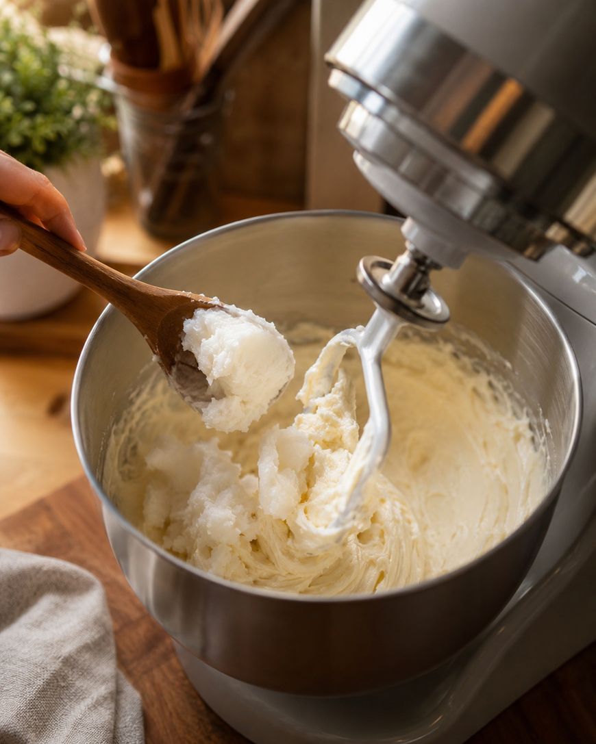 A hand holds a wooden spoon with solid shortening over a stand mixer bowl filled with creamy batter, in a cozy kitchen setting.