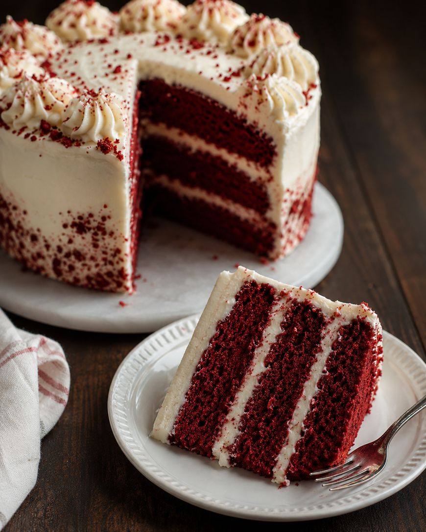A three-layer red velvet cake with white cream cheese frosting and decorative swirls, sits on a marble platter. A slice is served on a white plate with a fork, showing the cake’s rich red layers and frosting.