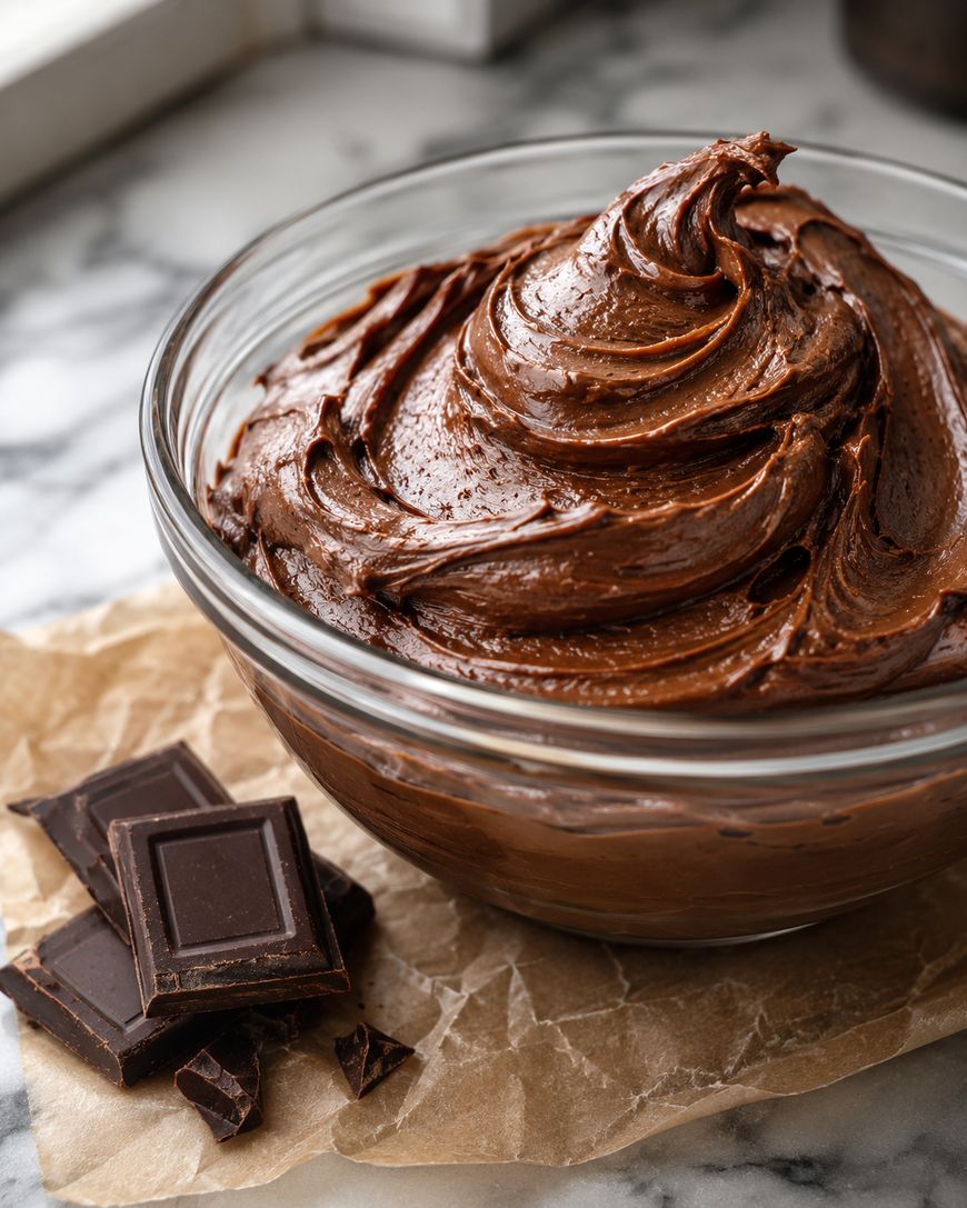 A glass bowl filled with rich, creamy chocolate frosting sits on a piece of parchment paper, next to several pieces of chocolate on a marble countertop.