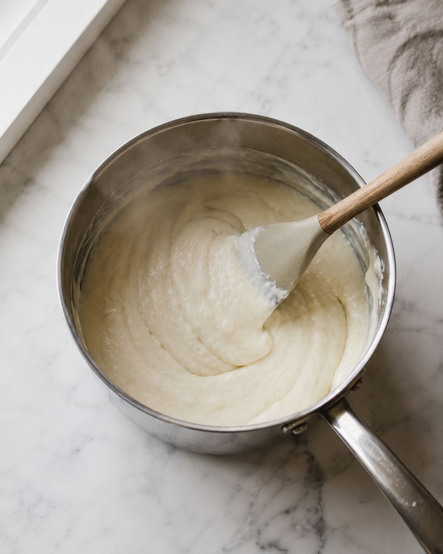 A saucepan filled with creamy white sauce or batter is being stirred with a spatula on a marble countertop. A beige cloth is partially visible in the top right corner.