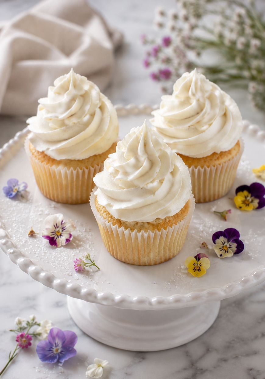 Three vanilla cupcakes with swirled white frosting are arranged on a white cake stand, decorated with small colorful edible flowers. The background has a beige napkin and a bouquet of delicate flowers.