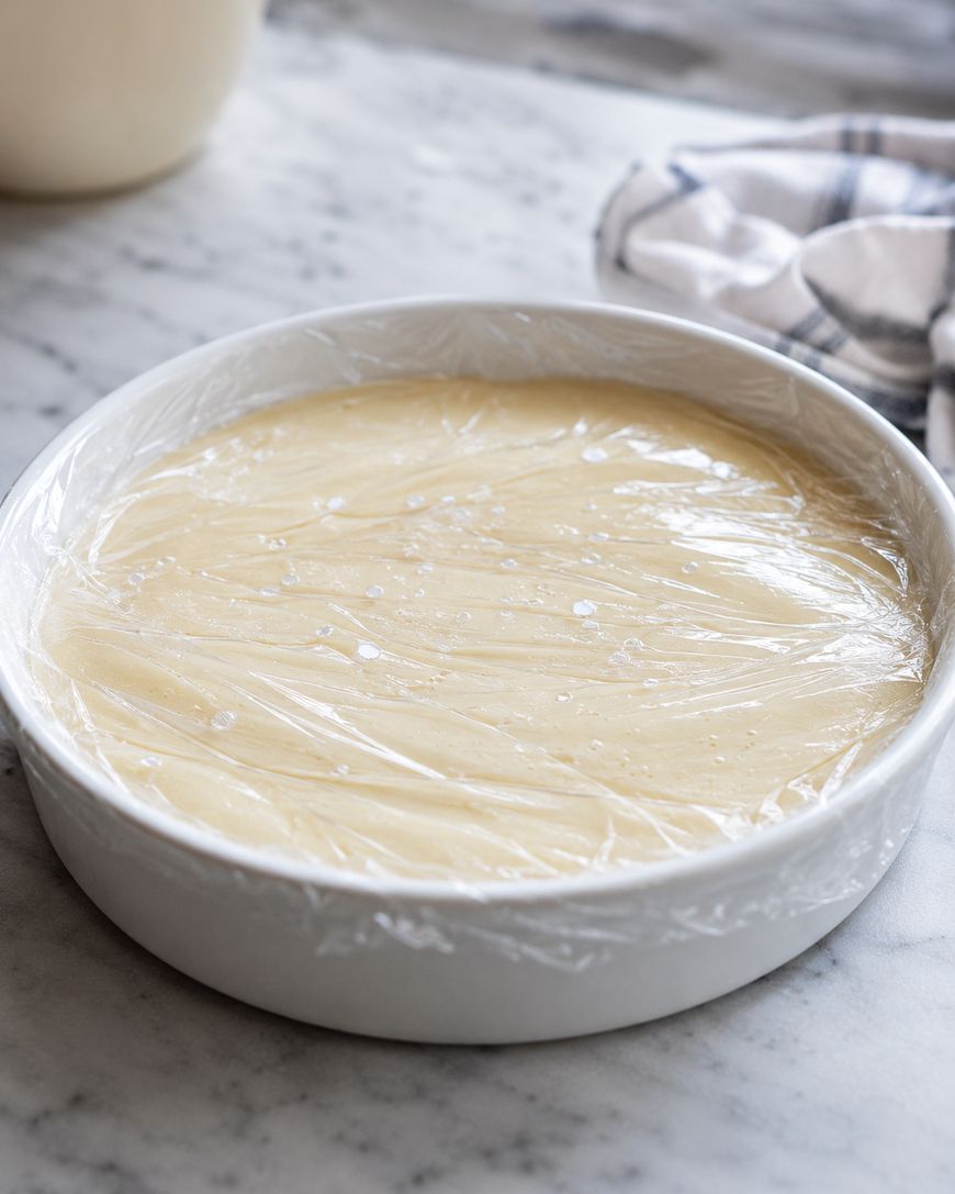 A round white dish filled with dough rising, covered with plastic wrap, sits on a marble countertop next to a folded kitchen towel.