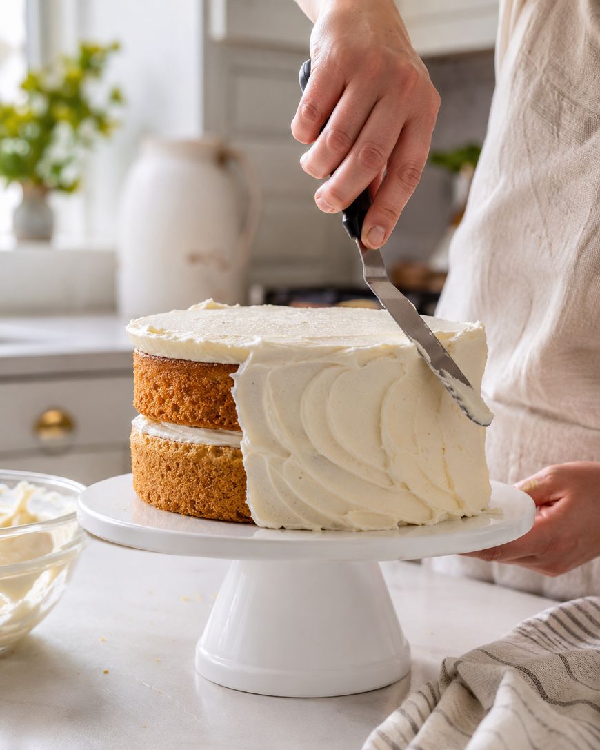A person spreads white frosting on a two-layer cake with an offset spatula. The cake sits on a white stand in a bright kitchen.