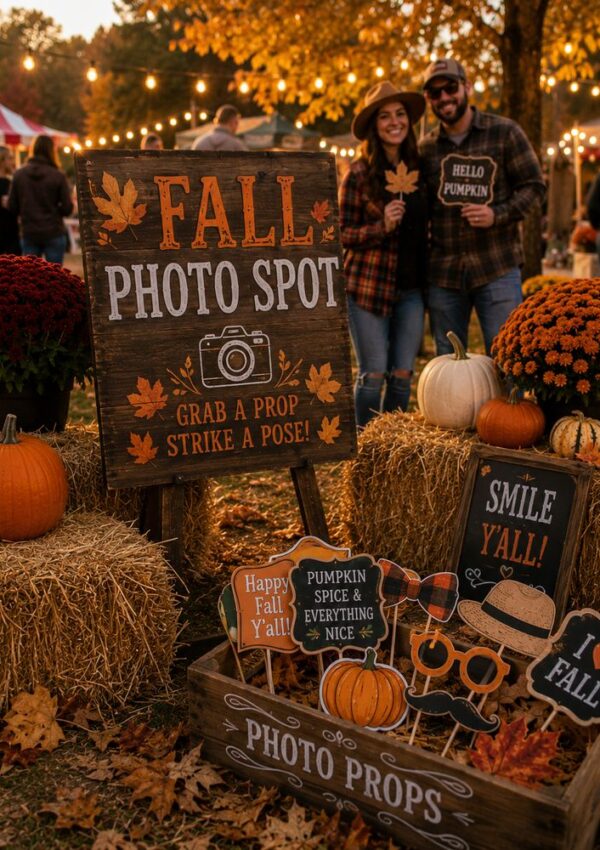 A couple in fall attire stands behind a “FALL PHOTO SPOT” sign at an outdoor autumn festival, surrounded by hay bales, pumpkins, flowers, and festive photo props as adults and kids enjoy Fall Festival Games nearby.