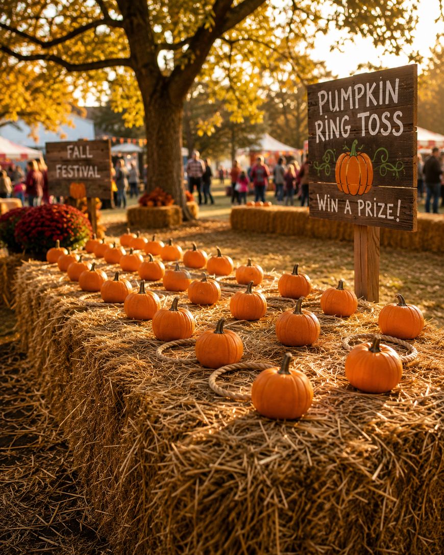 A festive outdoor pumpkin ring toss game features small pumpkins set on straw bales, with signs reading “Pumpkin Ring Toss” and “Fall Festival.” People and autumn trees are visible in the background.