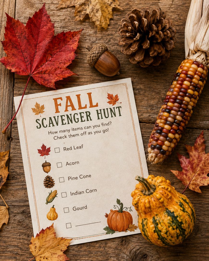 A “Fall Scavenger Hunt” checklist on a wooden table, surrounded by a red leaf, acorn, pine cone, colorful Indian corn, yellow gourd, and autumn leaves, with items to find illustrated on the paper.