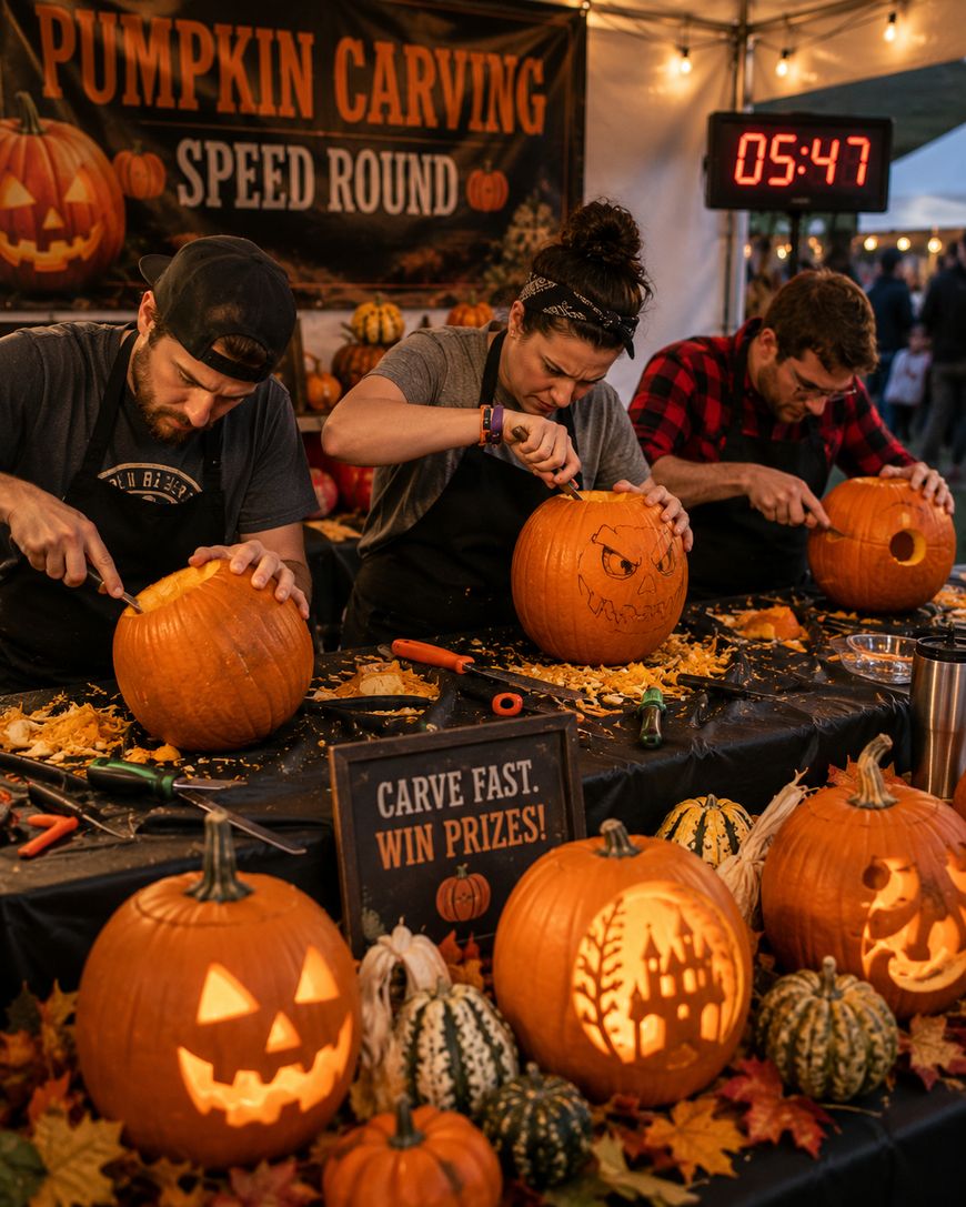 Three contestants carve pumpkins at a Pumpkin Carving Speed Round event, focused on their work as a timer counts down. Finished jack-o’-lanterns and gourds decorate the table. A sign reads Carve Fast, Win Prizes!.