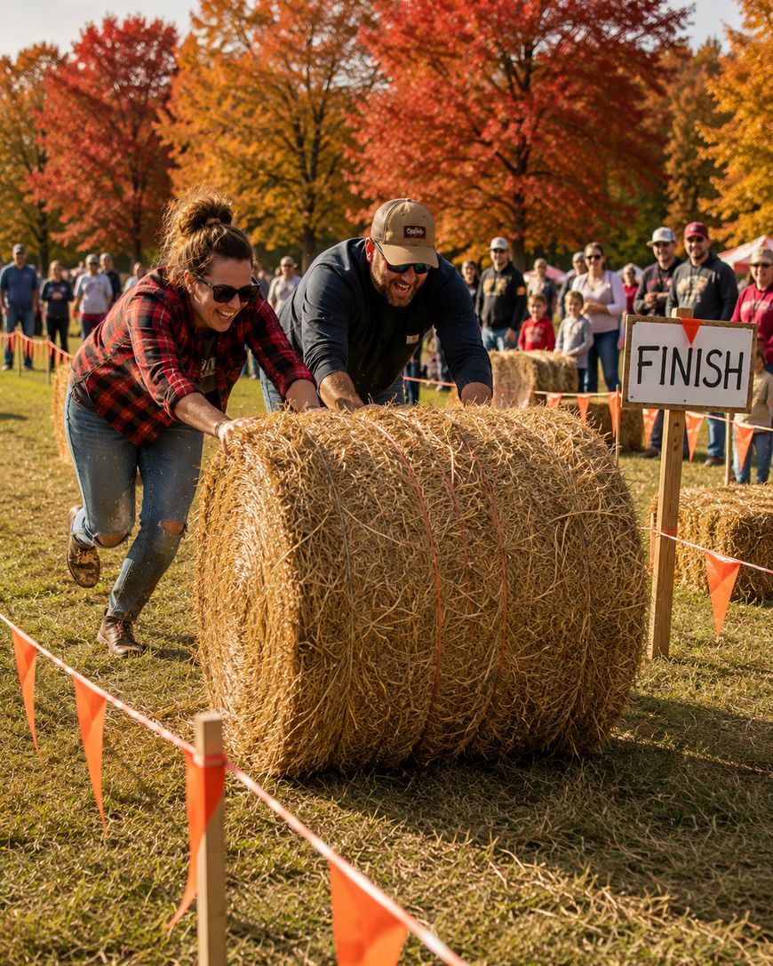 Two people, smiling and wearing fall clothes, race while pushing a large hay bale toward a finish line. Spectators watch in the background among colorful autumn trees. Orange flags line the race course.