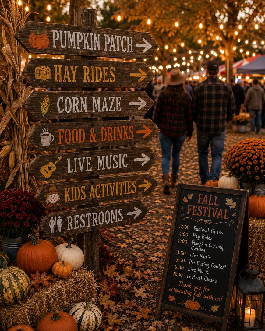A rustic wooden sign lists directions to pumpkin patch, hay rides, corn maze, food, music, kids activities, and restrooms. A chalkboard shows a fall festival schedule. Pumpkins, flowers, and autumn decor surround the signs.