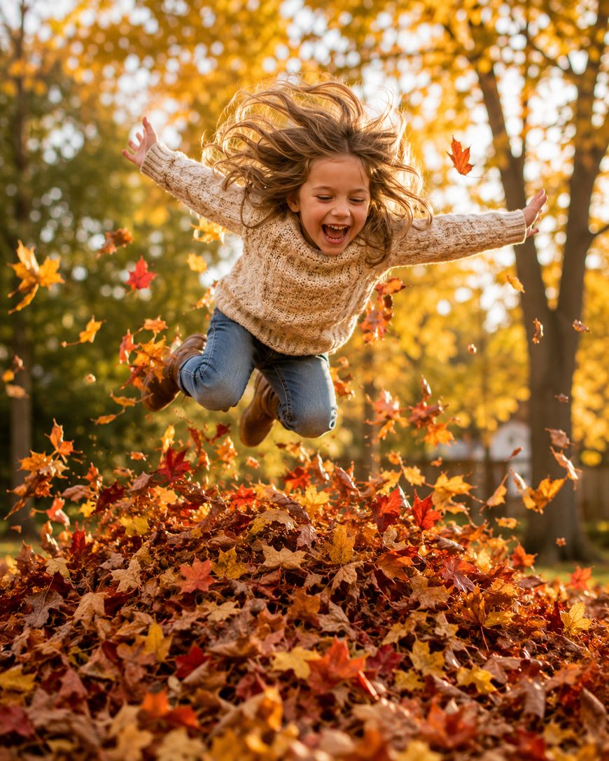 A joyful child with long hair and a sweater leaps into a colorful pile of autumn leaves, smiling widely. Bright fall trees fill the background, creating a warm, playful outdoor scene.