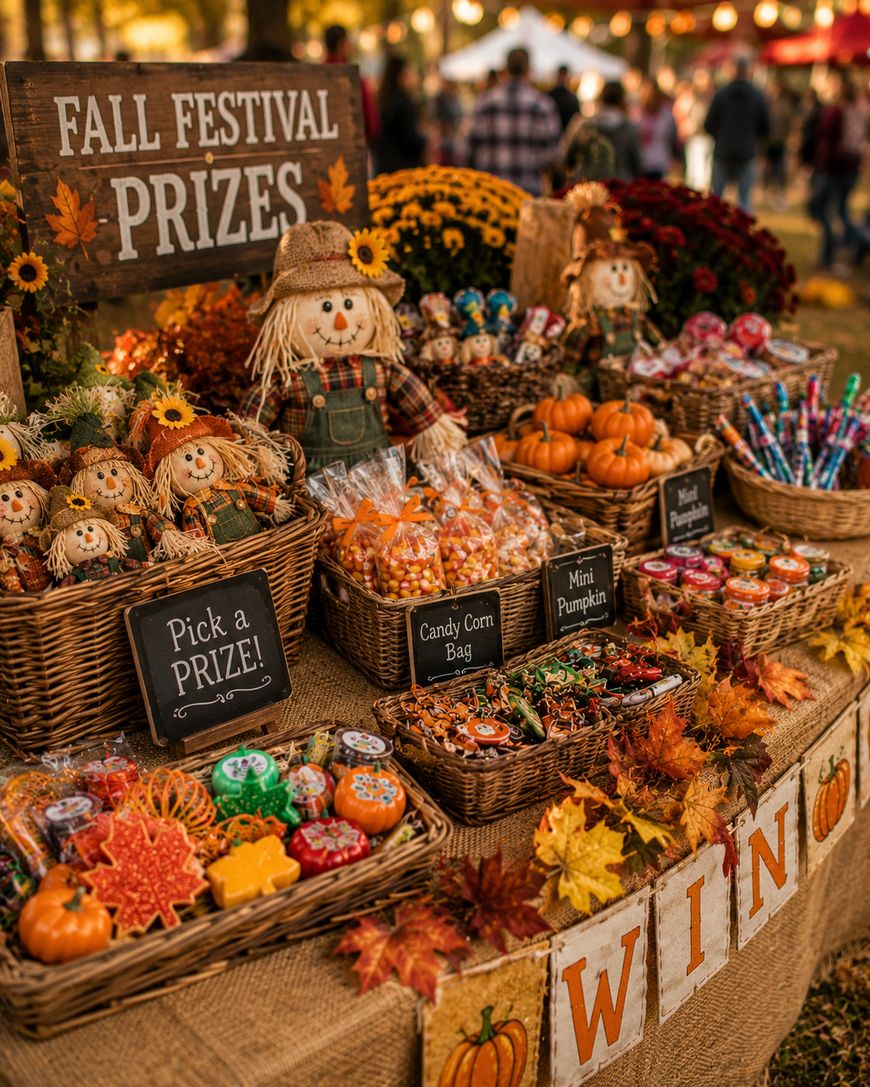 A festive autumn table display with baskets of candy, pumpkins, fall leaves, and scarecrow decorations. Signs read FALL FESTIVAL PRIZES and Pick a Prize! with labeled baskets for candy and mini pumpkins.