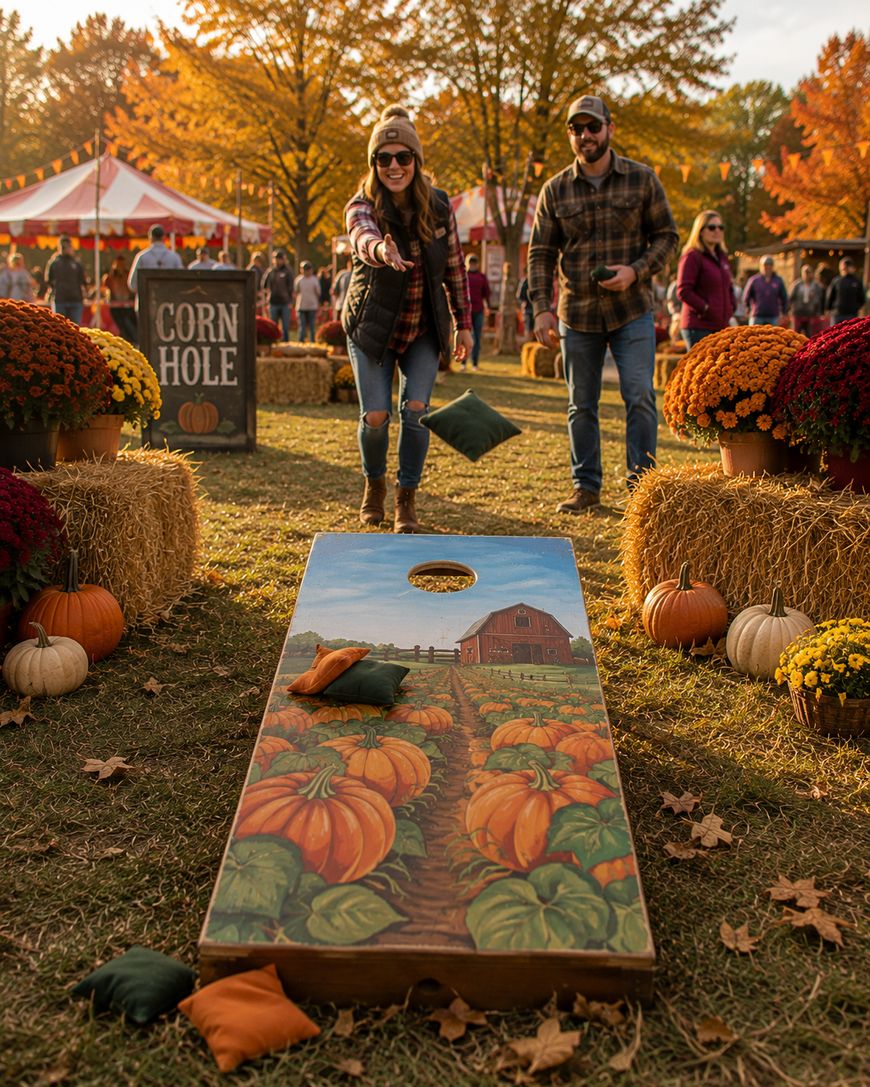 A woman tosses a bean bag toward a pumpkin-themed cornhole board at an outdoor autumn festival, with a man watching, hay bales, pumpkins, colorful mums, and people in the background.