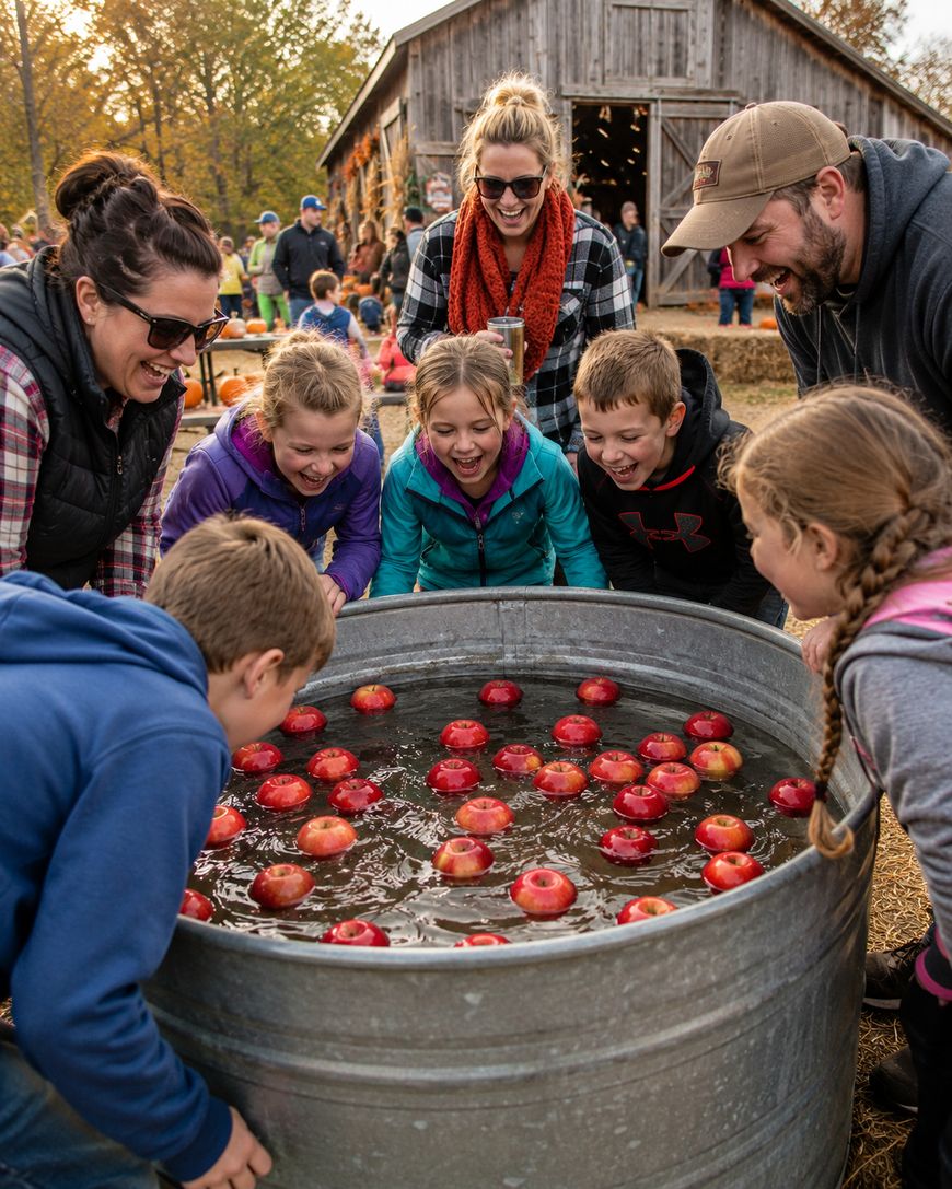 A group of children and adults gather around a large metal tub filled with water and floating apples, preparing to bob for apples at a fall festival, with a rustic barn and autumn trees in the background.