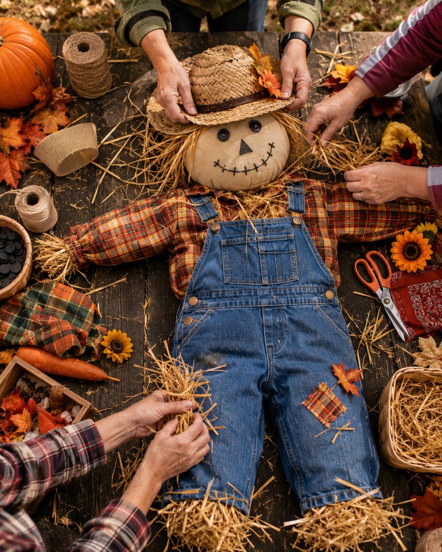 People are assembling a scarecrow on a wooden table decorated with autumn leaves, pumpkins, fabric, and craft supplies. The scarecrow wears a plaid shirt, blue overalls, and a straw hat, and is stuffed with straw.