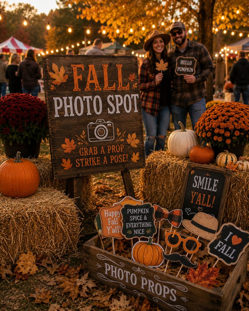 A couple in plaid shirts and hats smiles behind a festive “Fall Photo Spot” display with pumpkins, mums, hay bales, and playful autumn-themed photo props at an outdoor event with string lights.