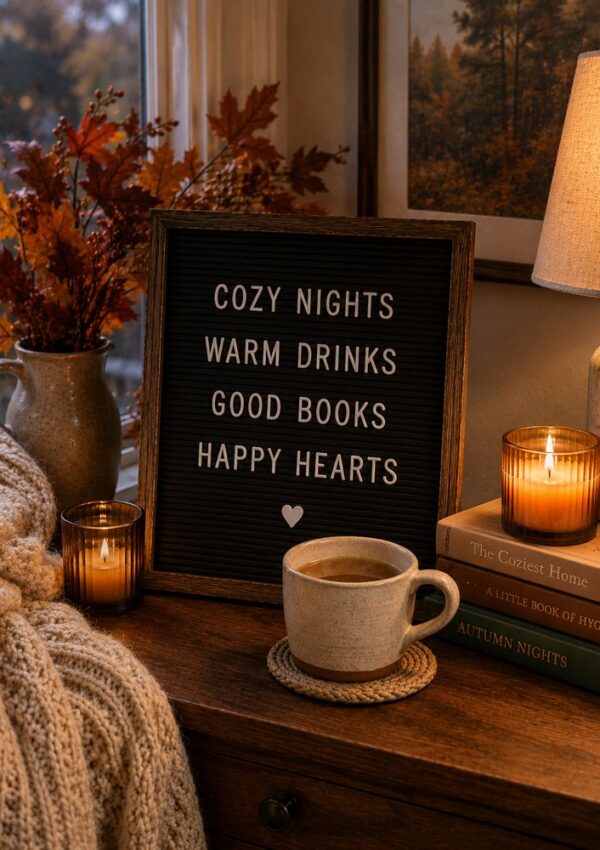 A cozy scene with a letter board featuring Fall letterboard quotes—Cozy nights, warm drinks, good books, happy hearts—beside a mug, candles, books, a knit blanket, autumn leaves in a vase, and a lit lamp on a wooden table.