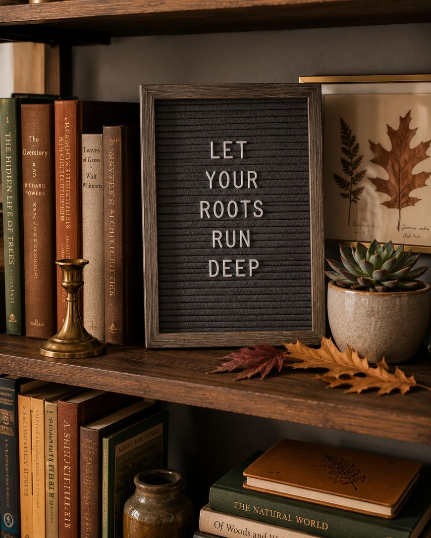 A framed letter board reads LET YOUR ROOTS RUN DEEP on a wooden shelf surrounded by vintage books, a brass candleholder, a potted succulent, and autumn leaves.