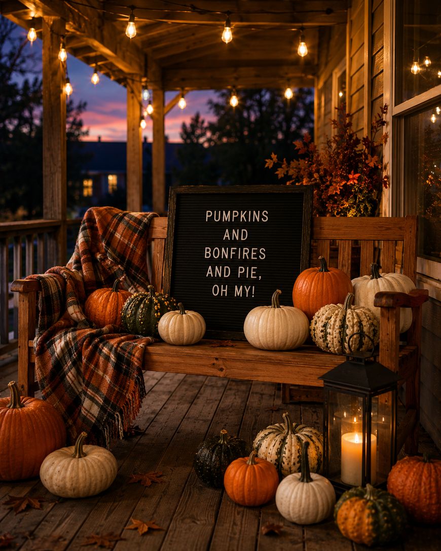 A cozy porch decorated for autumn with pumpkins, a plaid blanket on a wooden bench, a lantern with a candle, and a sign that reads, Pumpkins and bonfires and pie, oh my! under string lights at sunset.
