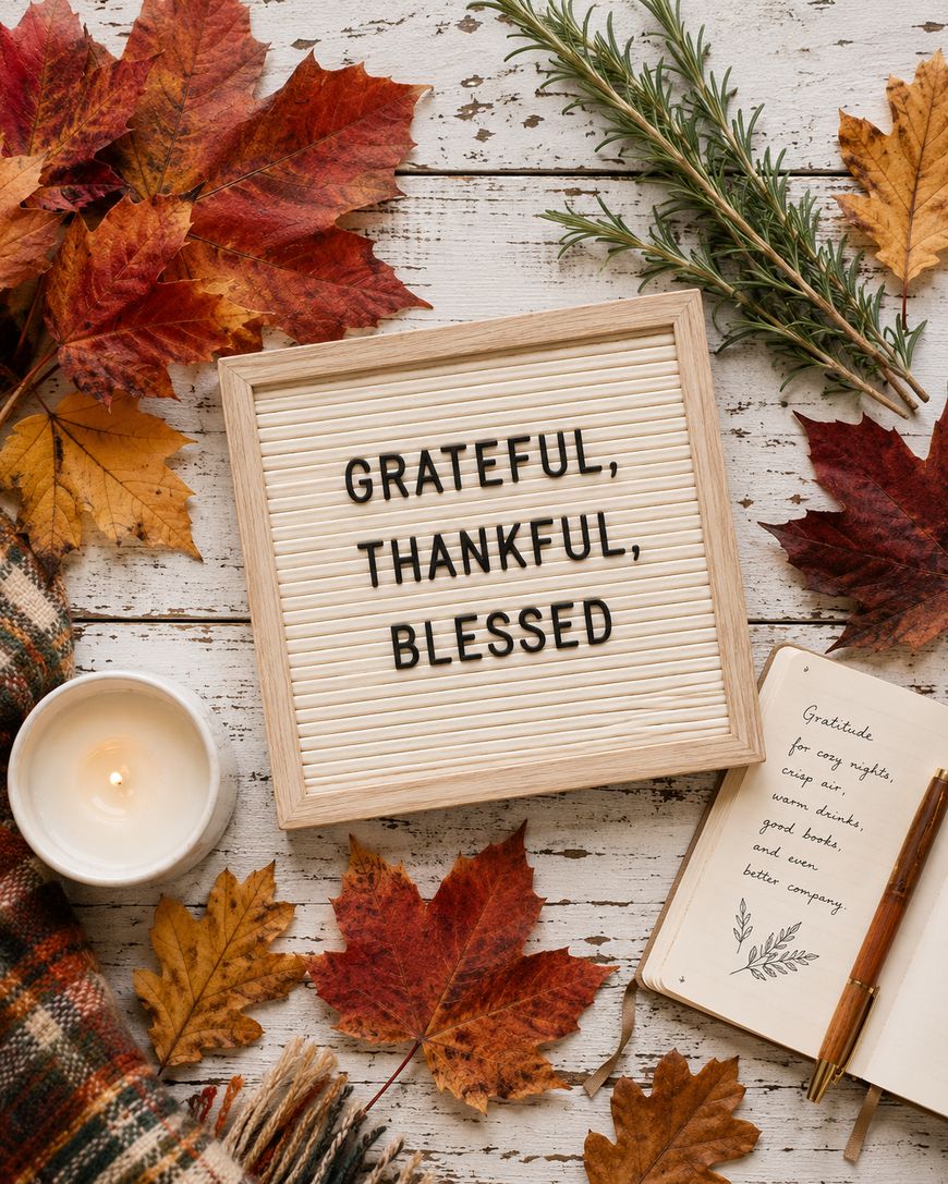 A letter board with “Grateful, Thankful, Blessed” sits on a rustic white wood table surrounded by autumn leaves, a candle, a cozy plaid blanket, herbs, and an open notebook with handwritten gratitude notes.
