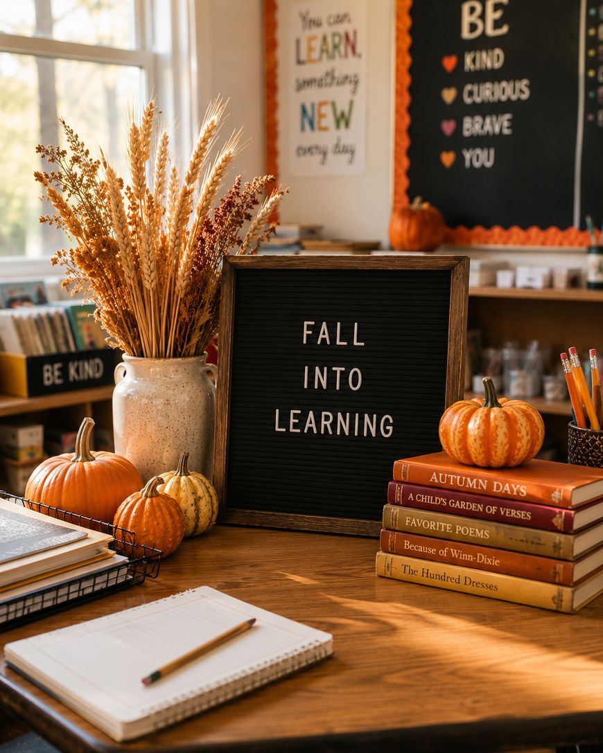 A classroom desk decorated with small pumpkins, dried wheat in a vase, stacked books, and a sign that reads FALL INTO LEARNING. Bulletin boards with positive messages are visible in the background.