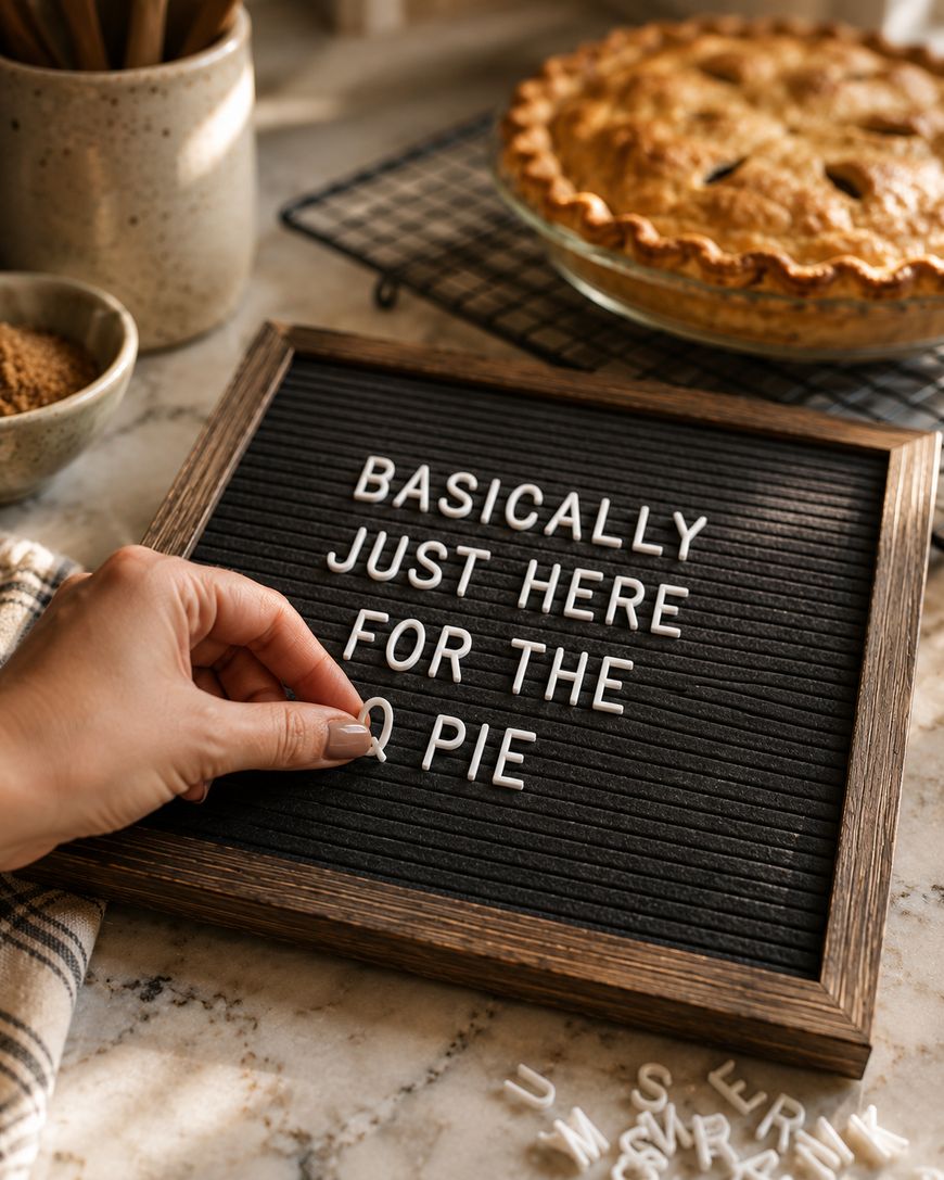 A hand arranges letters on a black letter board that reads BASICALLY JUST HERE FOR THE PIE, with a baked pie and kitchen items on a marble counter in the background.