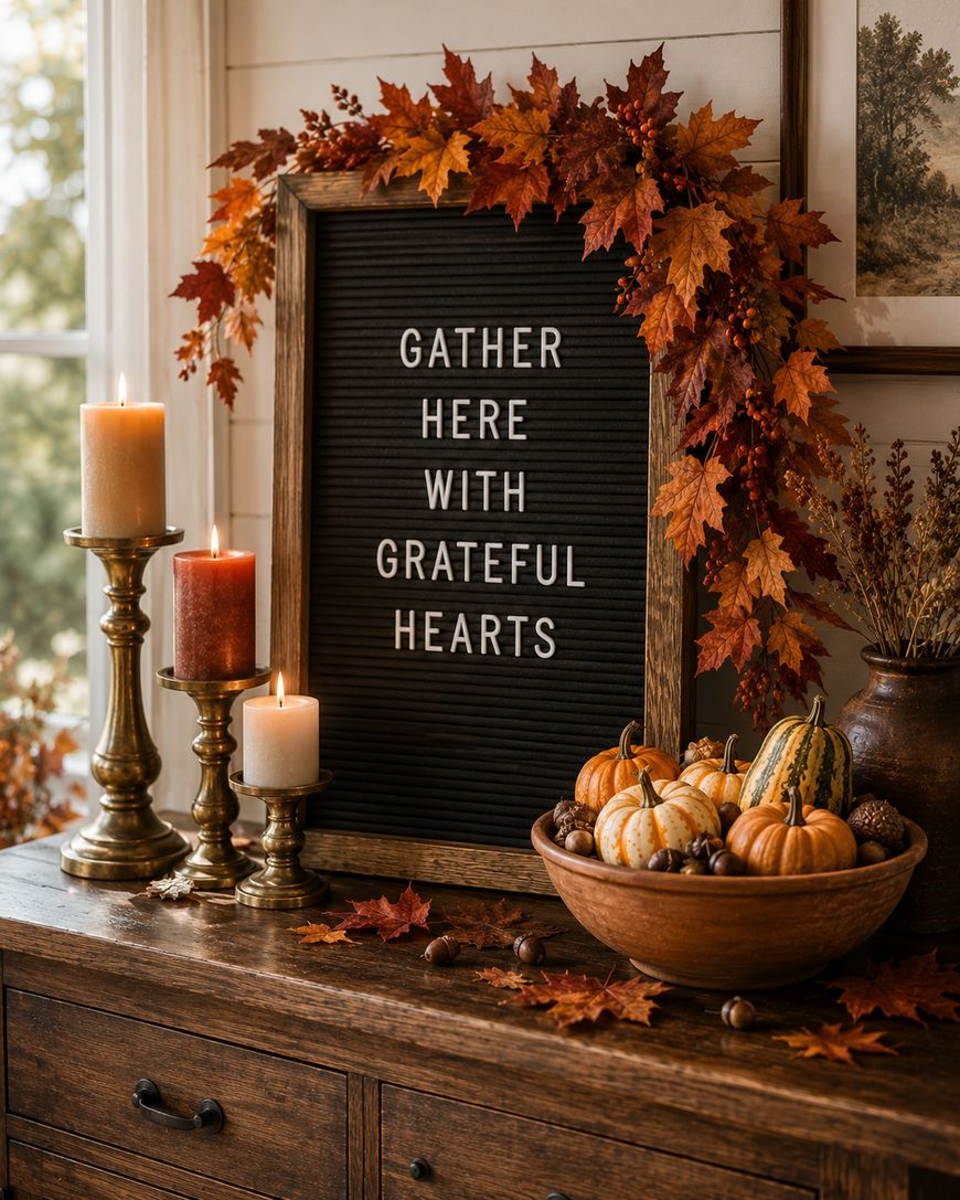 A cozy autumn scene with a letter board reading Gather here with grateful hearts, surrounded by fall leaves, candles, and a wooden bowl filled with small pumpkins and acorns on a wooden table.